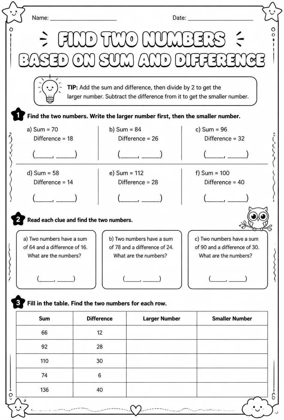 Find two numbers based on sum and difference — free printable Grade 4 math worksheet