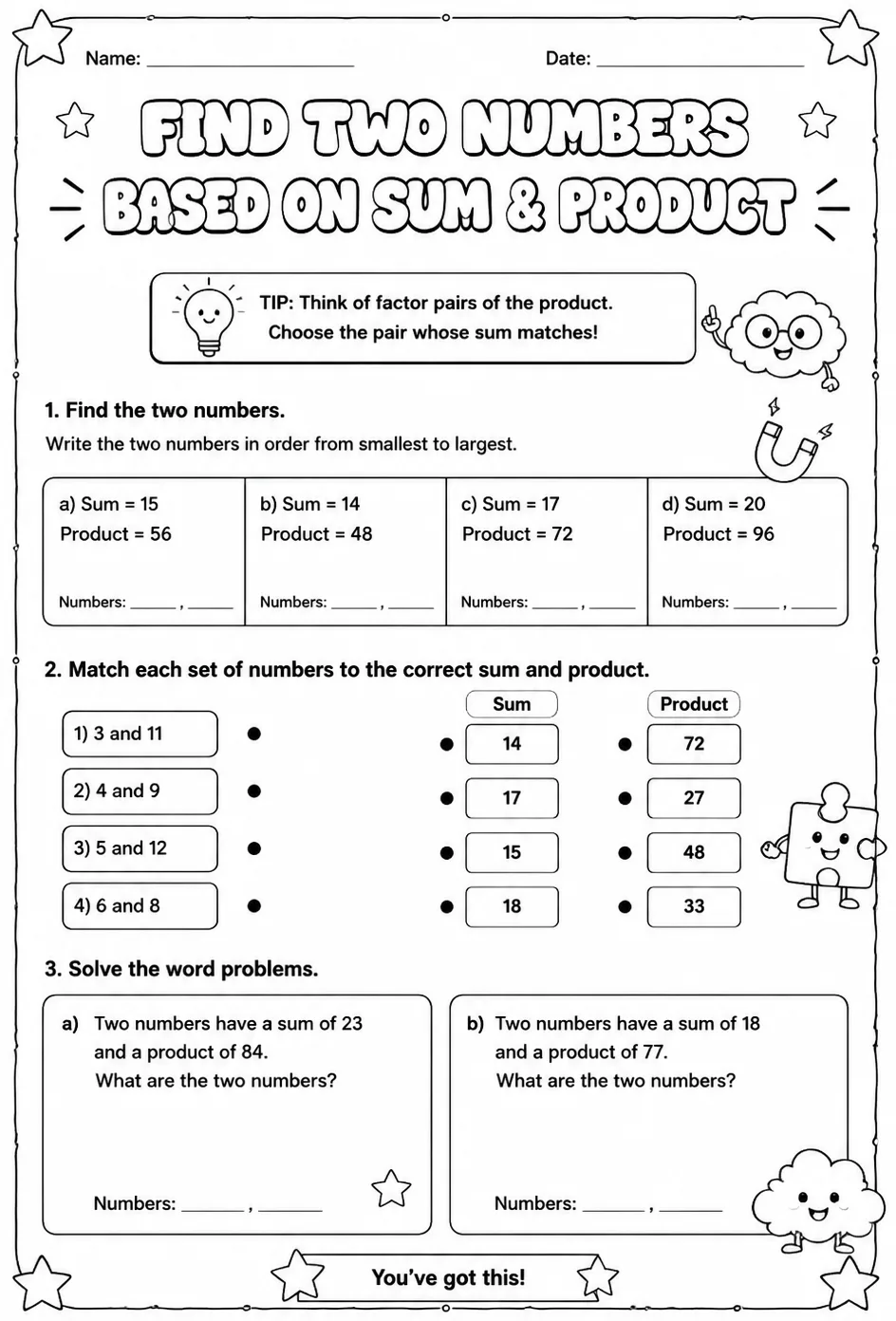 Find two numbers based on sum and product — free printable Grade 4 math worksheet