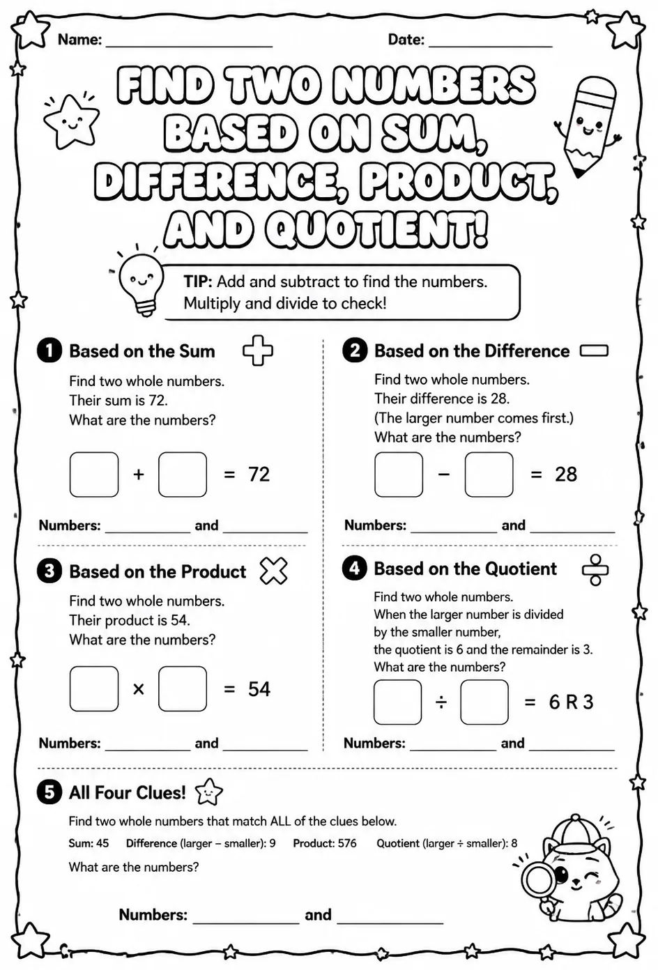 Find two numbers based on sum, difference, product, and quotient — free printable Grade 3 math worksheet