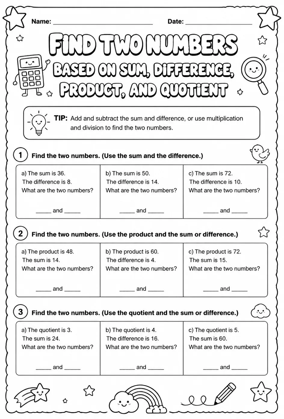 Find two numbers based on sum, difference, product, and quotient — free printable Grade 4 math worksheet