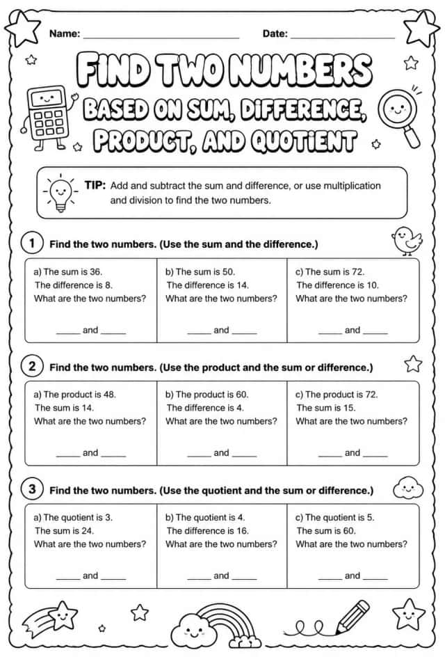 Find two numbers based on sum, difference, product, and quotient
