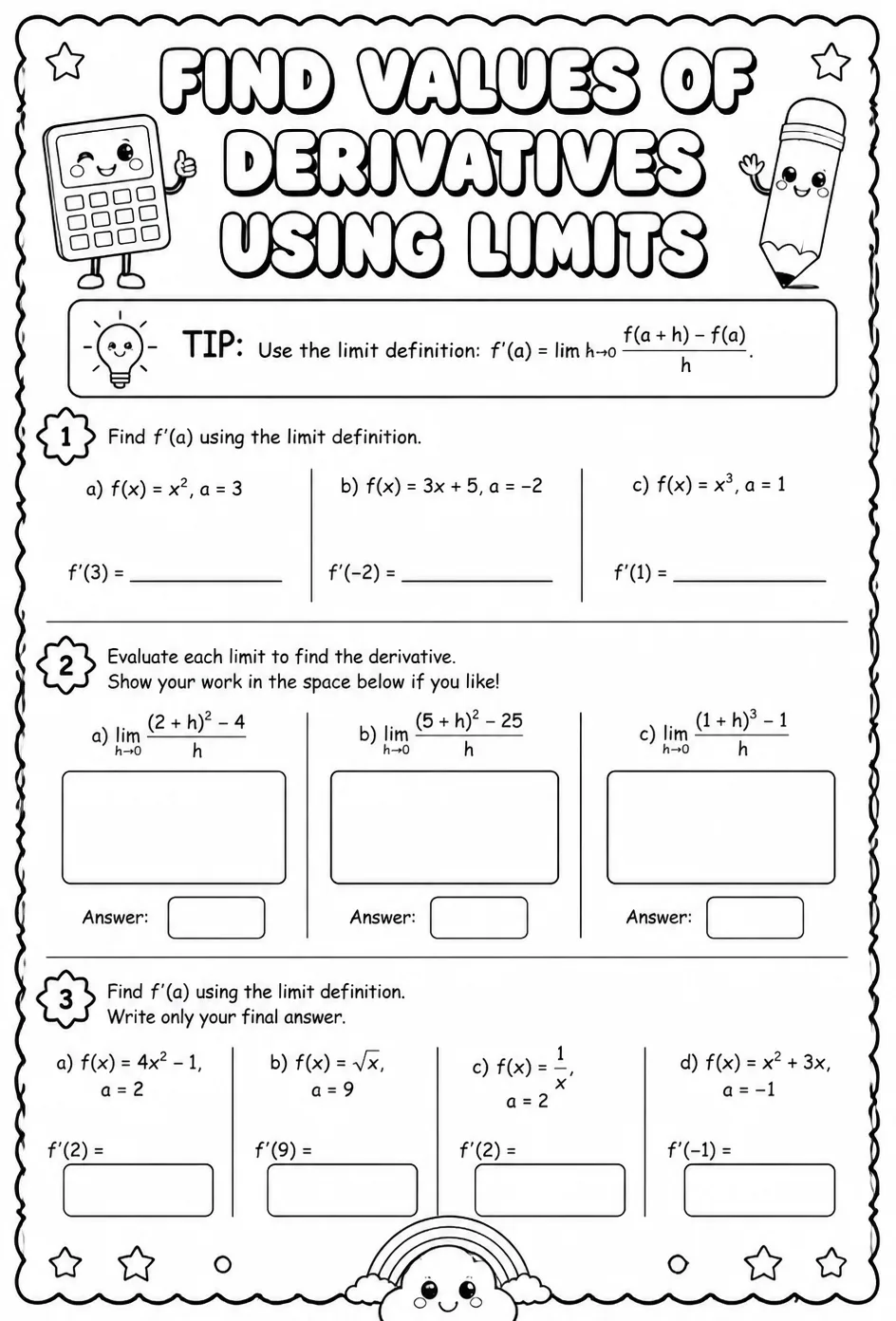 Find values of derivatives using limits — free printable Calculus math worksheet