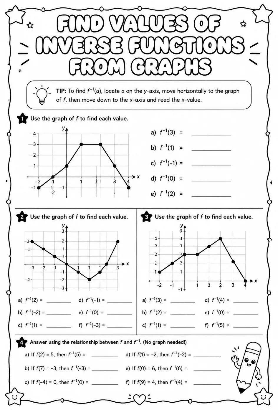 Find values of inverse functions from graphs — free printable Algebra 2 math worksheet