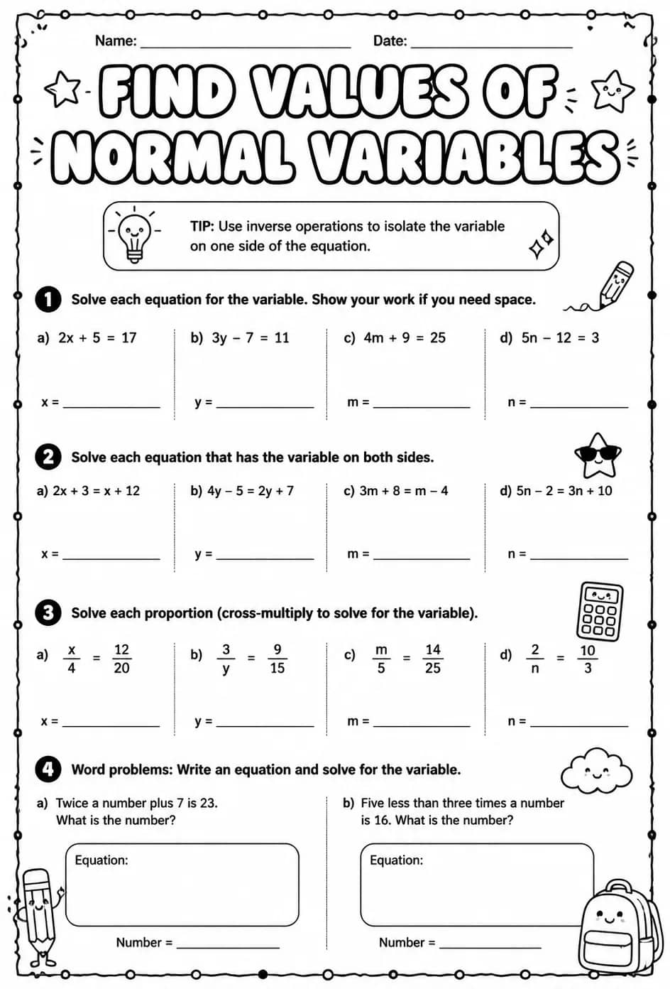 Find values of normal variables — free printable Algebra 2 math worksheet