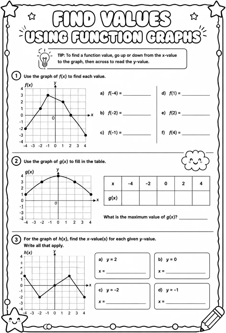 Find values using function graphs — free printable Algebra 1 math worksheet