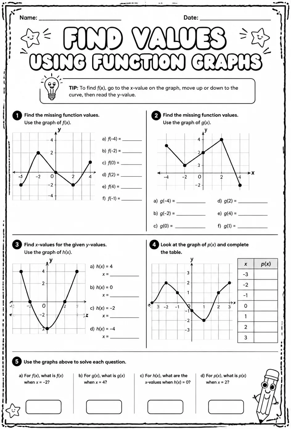 Find values using function graphs — free printable Algebra 2 math worksheet