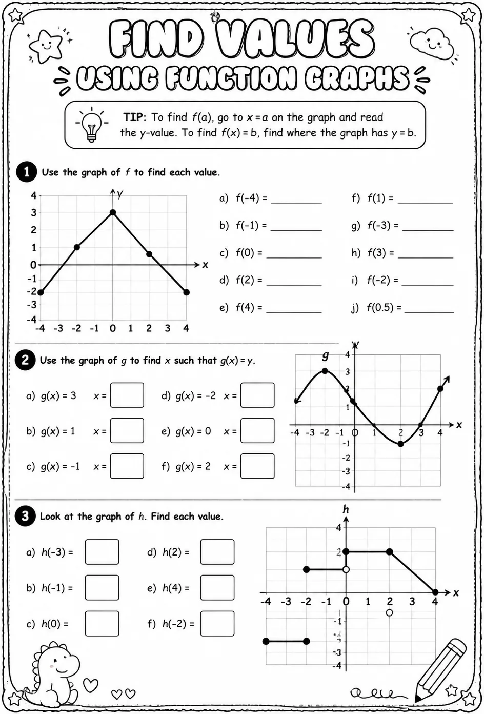 Find values using function graphs — free printable Precalculus math worksheet