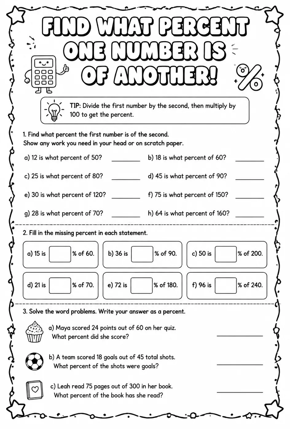 Find what percent one number is of another — free printable Grade 8 math worksheet