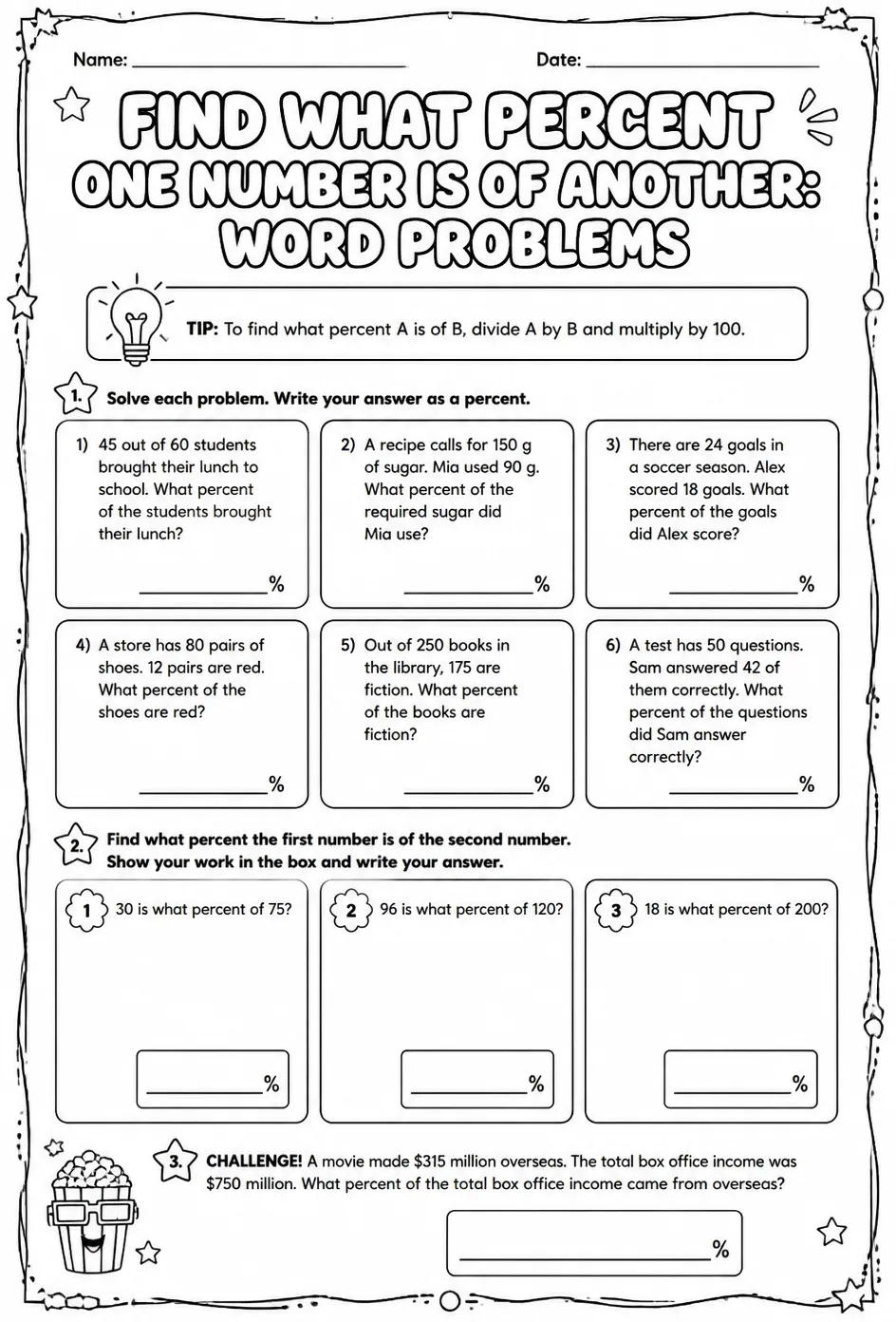 Find what percent one number is of another: word problems