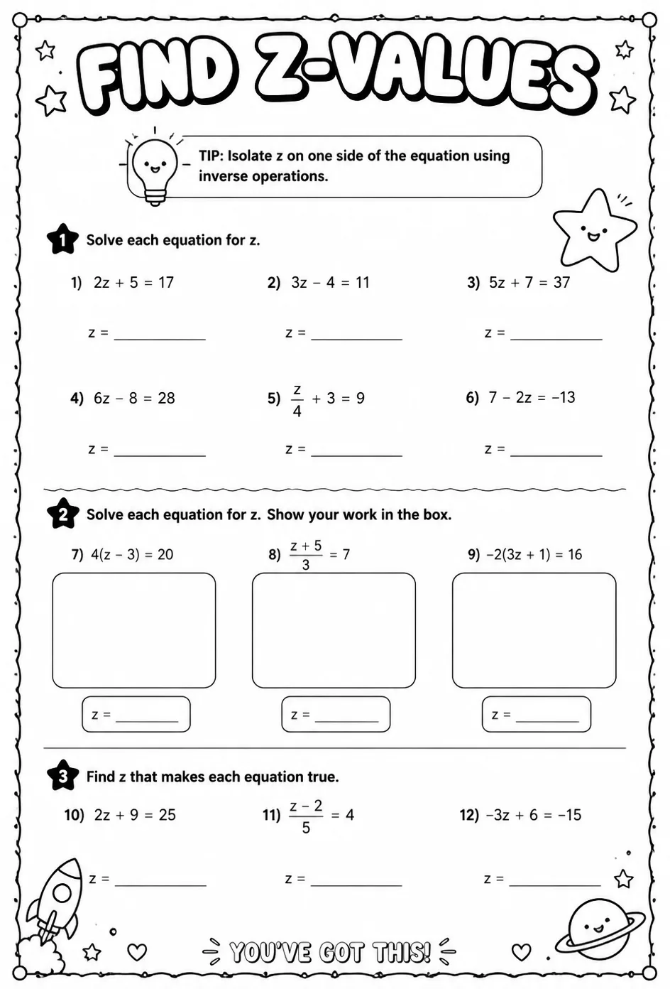 Find z-values — free printable Algebra 2 math worksheet