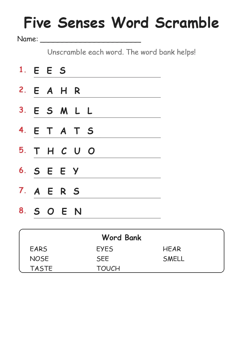 Five Senses word scramble worksheet for Grade 1