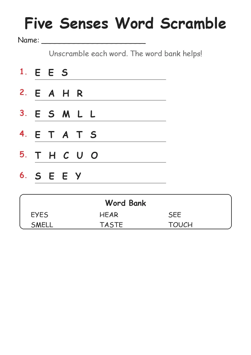 Five Senses word scramble worksheet for Kindergarten