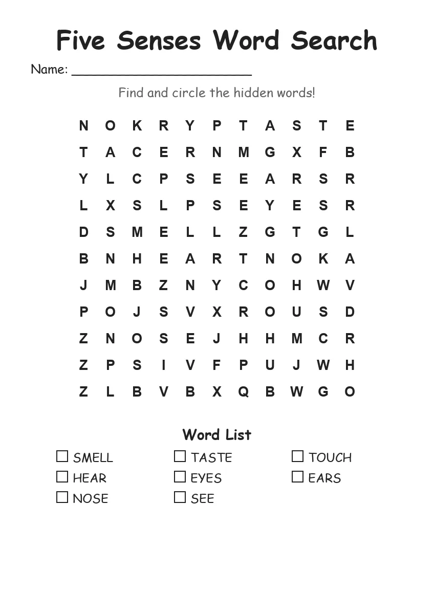 Five Senses word search worksheet for Grade 1