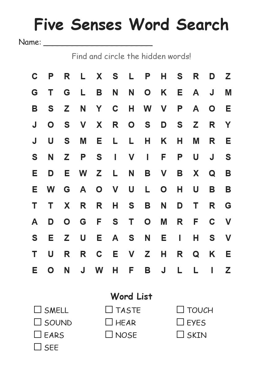 Five Senses word search worksheet for Grade 2