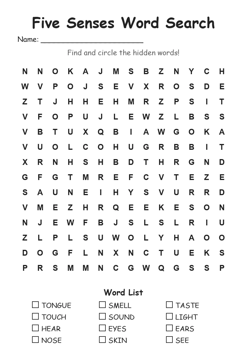 Five Senses word search worksheet for Grade 3