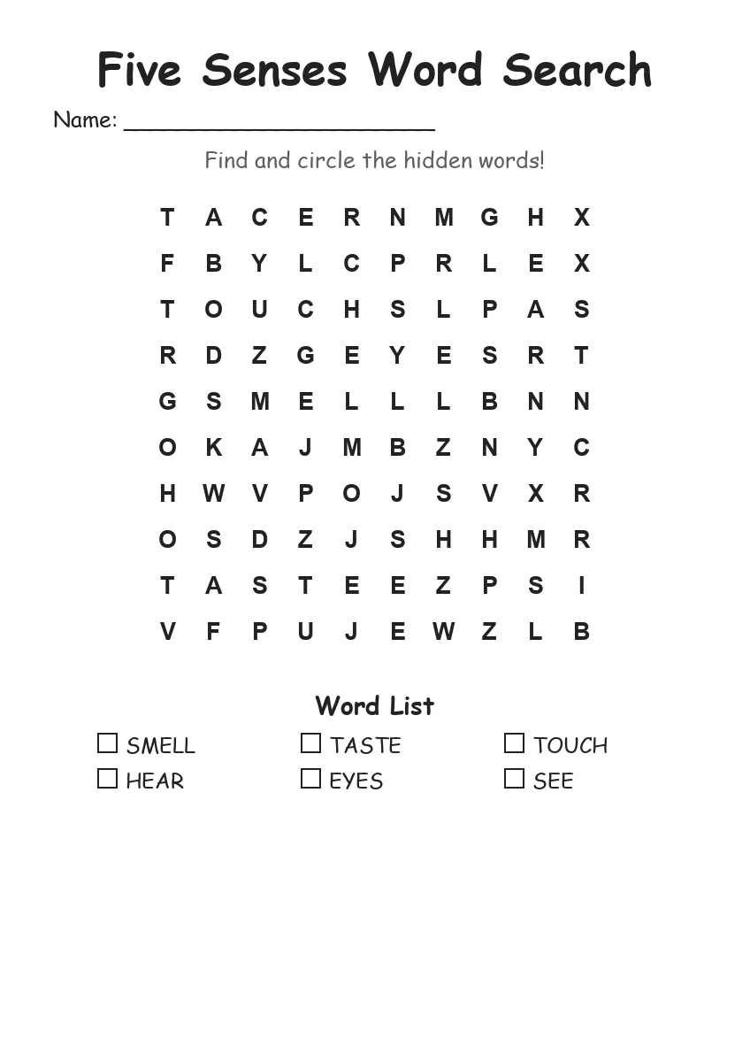 Five Senses word search worksheet for Kindergarten