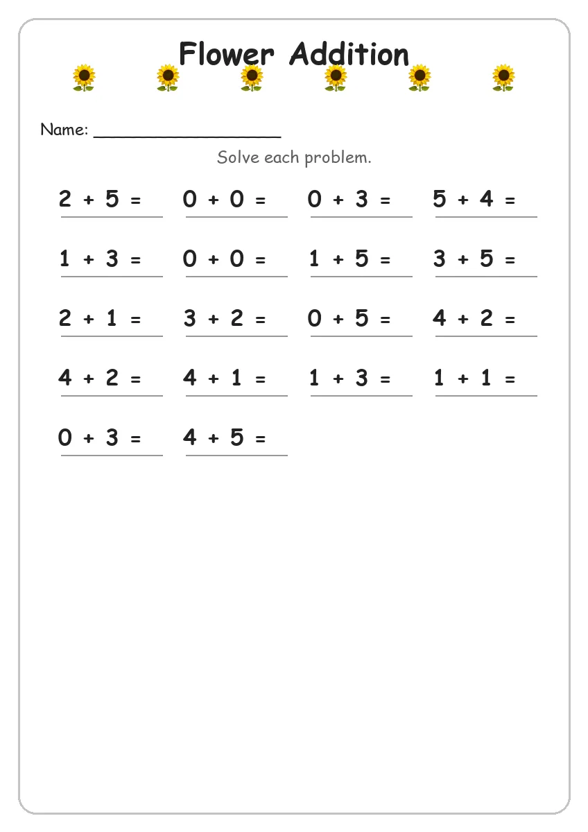 Flower addition worksheet for Kindergarten