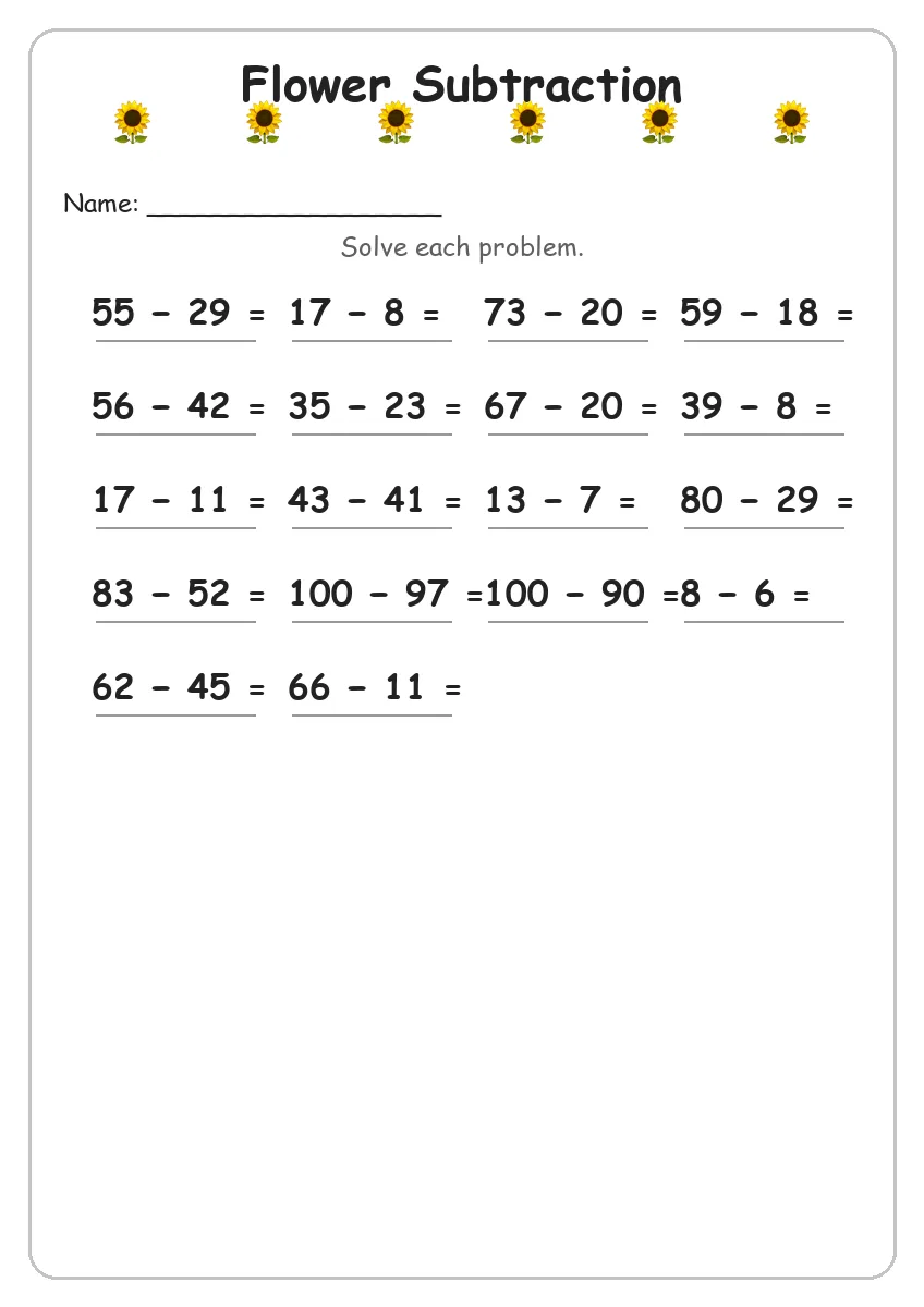 Flower subtraction worksheet for Grade 3