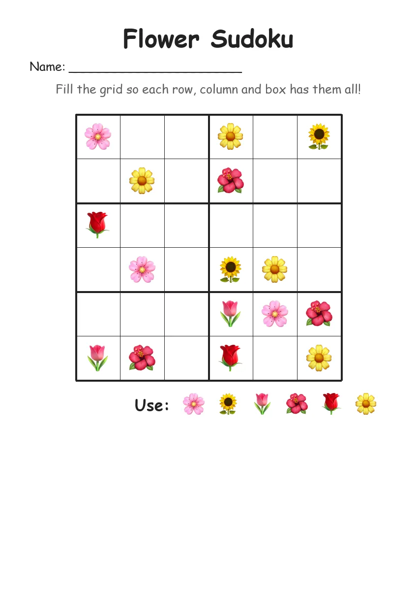 Flower Sudoku 6x6 (Grade 2) worksheet for Grade 2