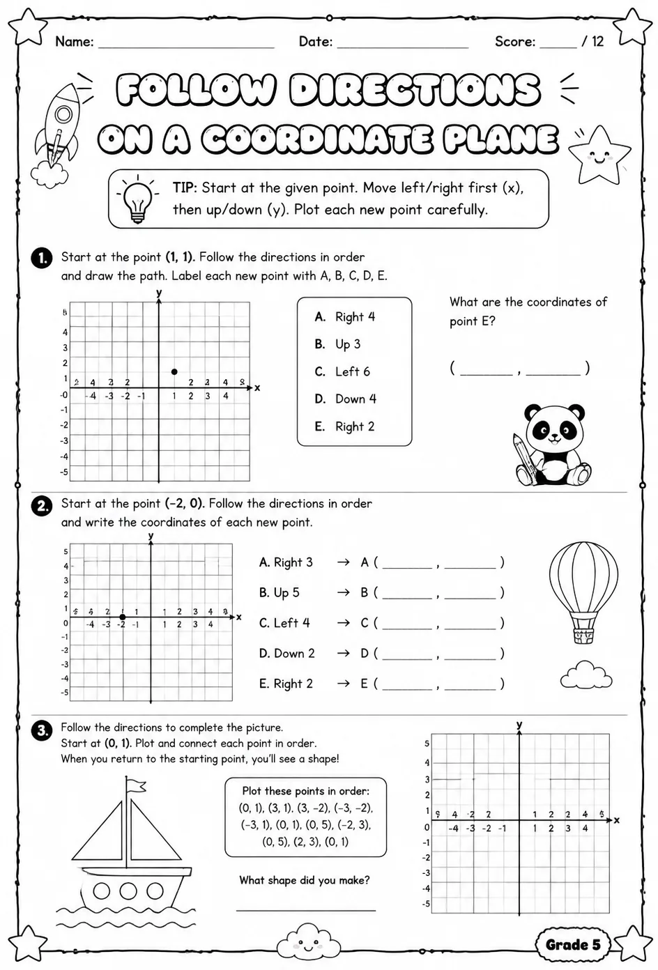 Follow directions on a coordinate plane — free printable Grade 5 math worksheet