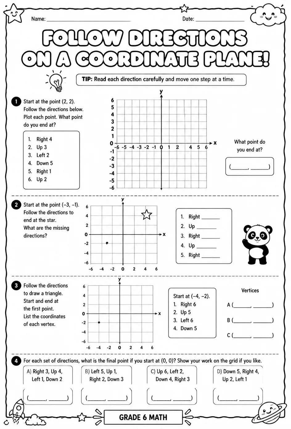 Follow directions on a coordinate plane — free printable Grade 6 math worksheet
