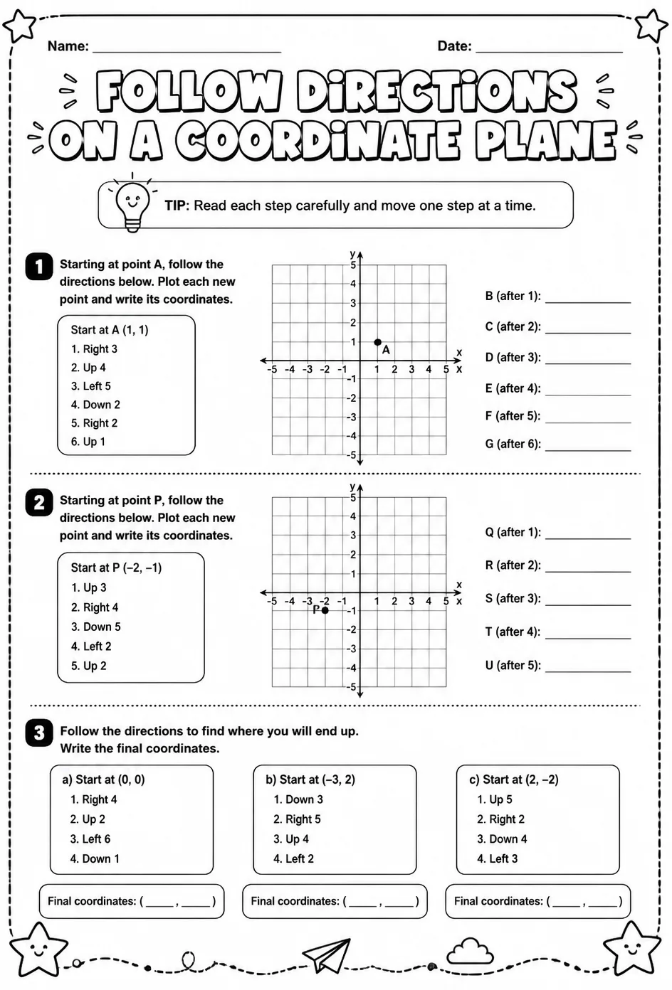 Follow directions on a coordinate plane — free printable Grade 7 math worksheet