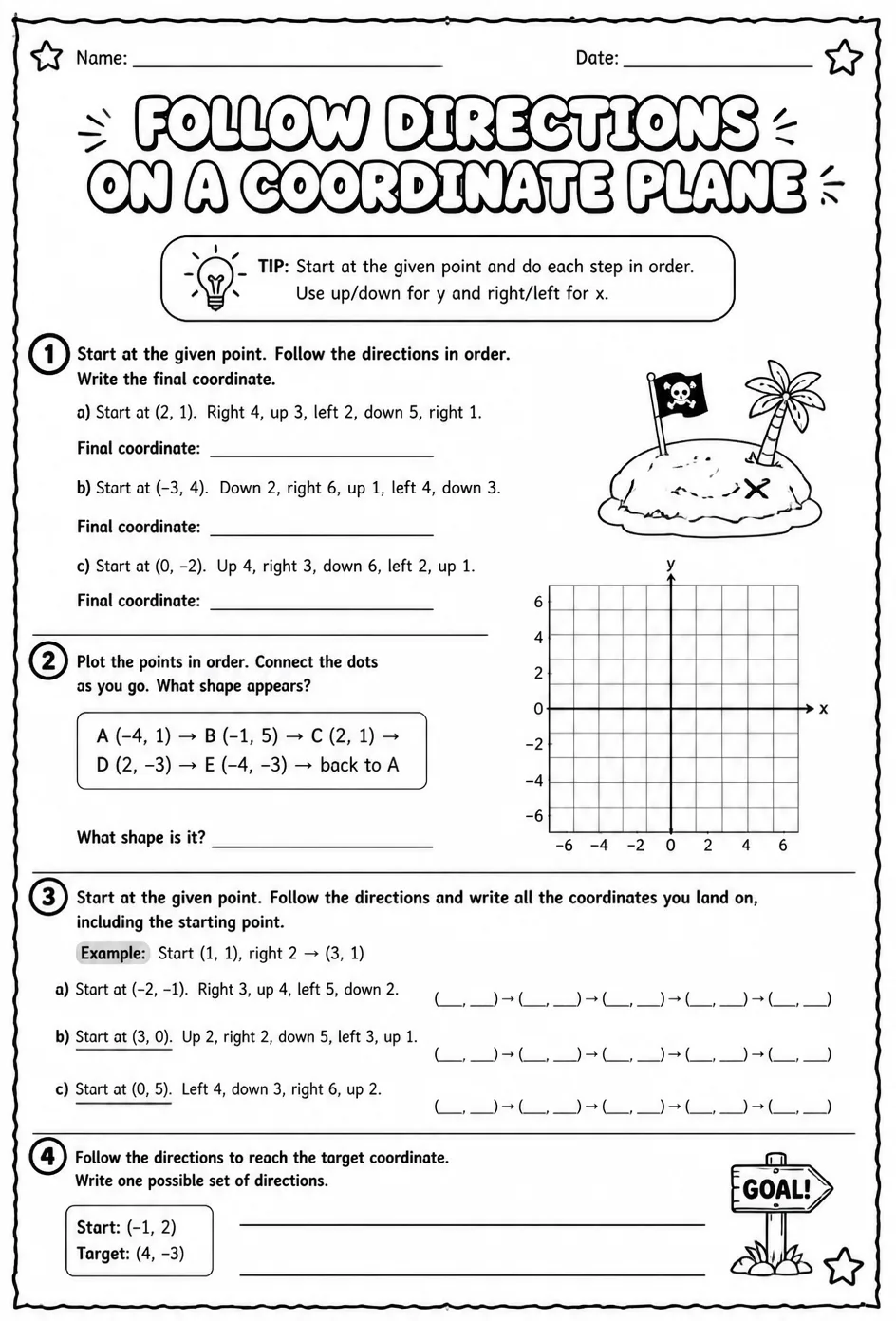 Follow directions on a coordinate plane — free printable Grade 8 math worksheet