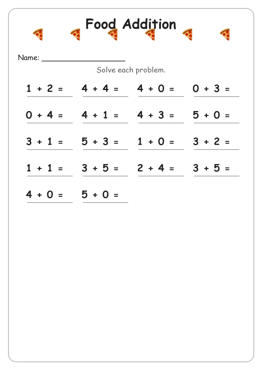 Food addition worksheet for Kindergarten