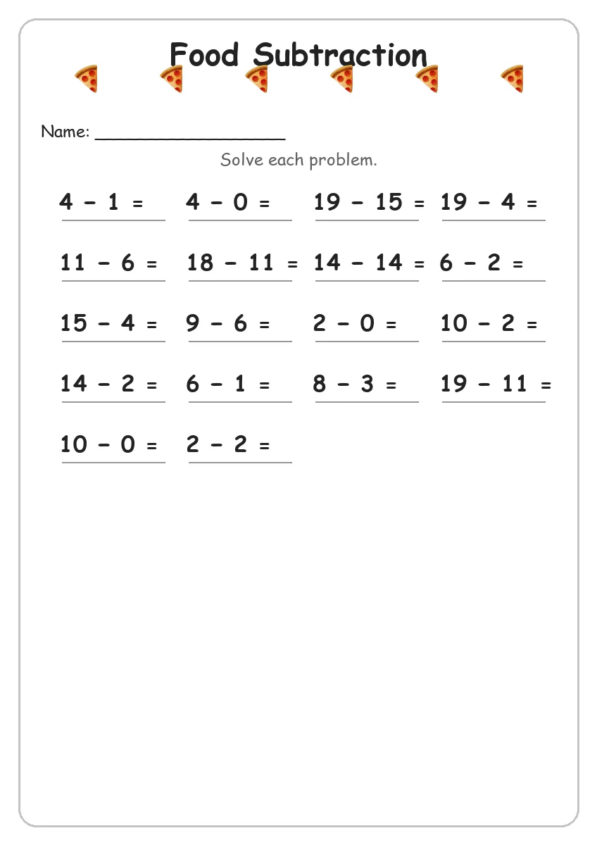 Food subtraction worksheet for Grade 1