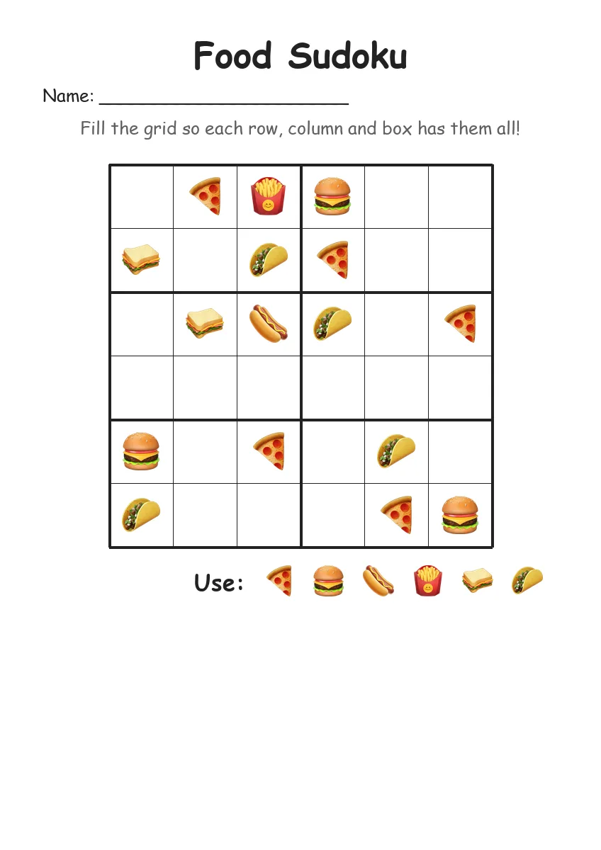 Food Sudoku 6x6 (Grade 2) worksheet for Grade 2