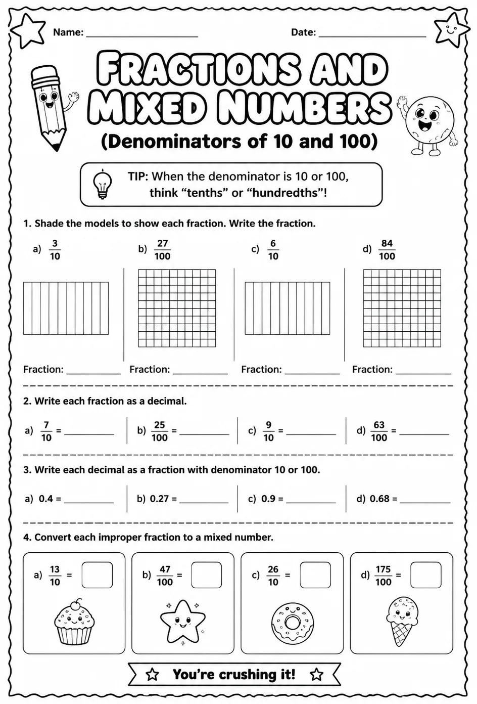 Fractions and mixed numbers with denominators of 10 and 100 — free printable Grade 4 math worksheet
