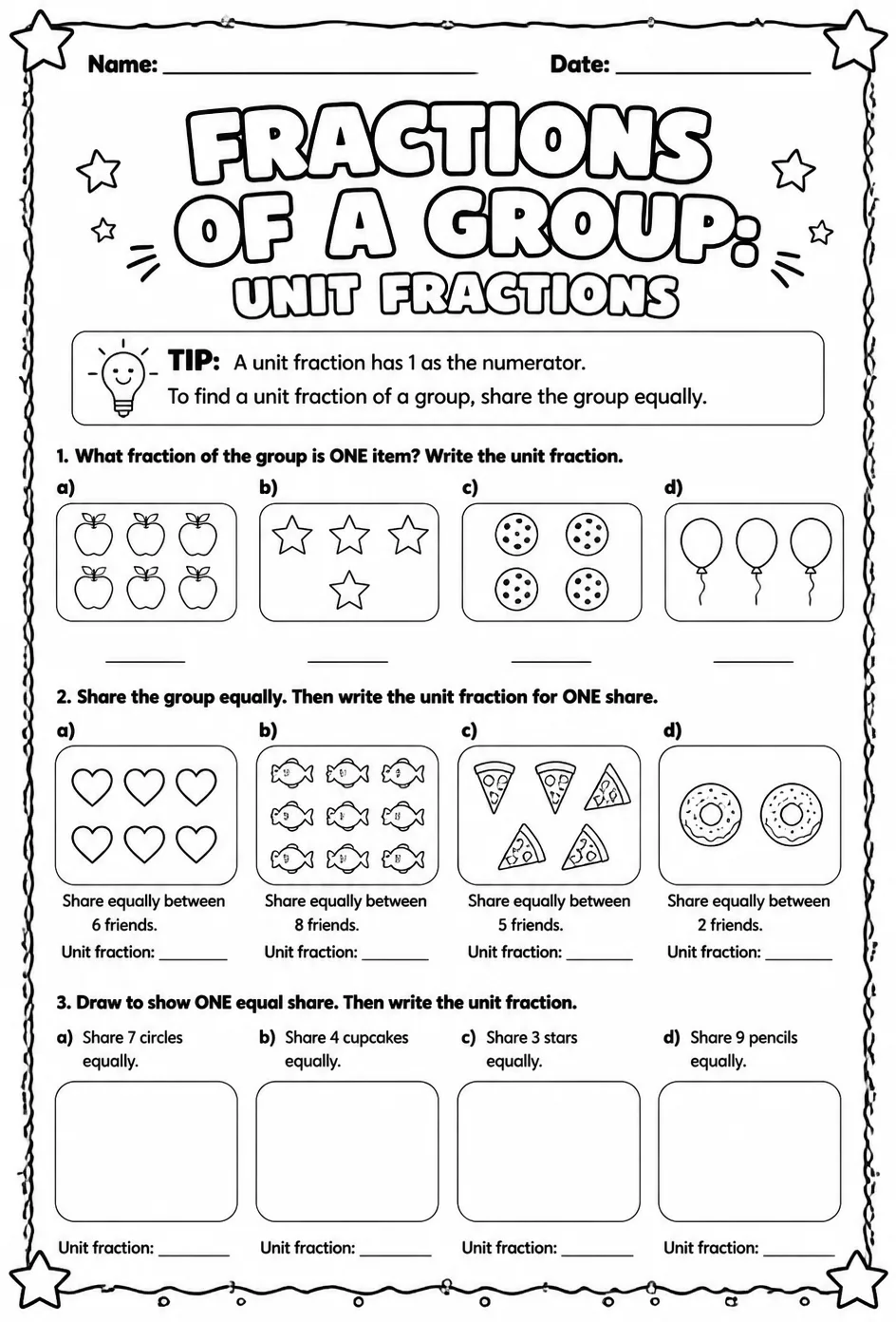 Fractions of a group: unit fractions — free printable Grade 3 math worksheet