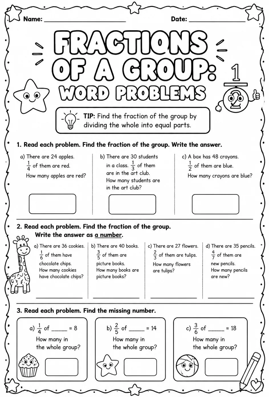 Fractions of a group: word problems — free printable Grade 3 math worksheet