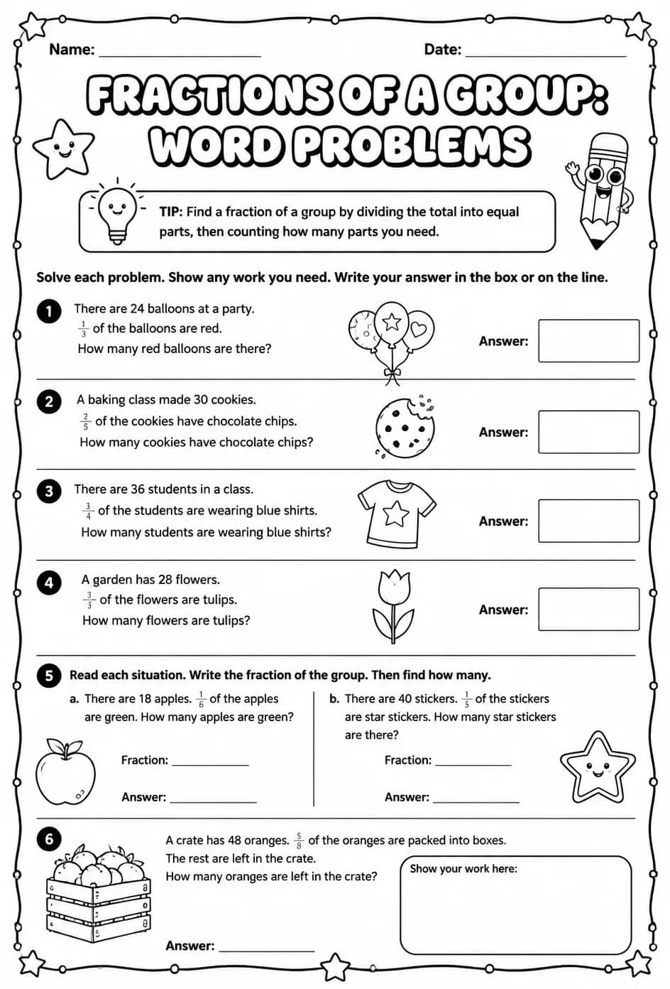 Fractions of a group: word problems — free printable Grade 4 math worksheet