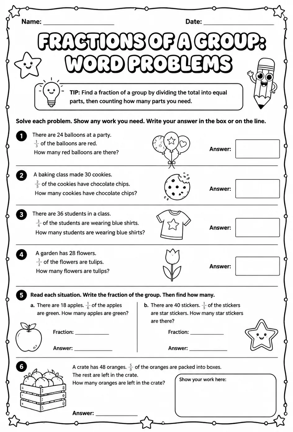 Fractions of a group: word problems — free printable Grade 4 math worksheet
