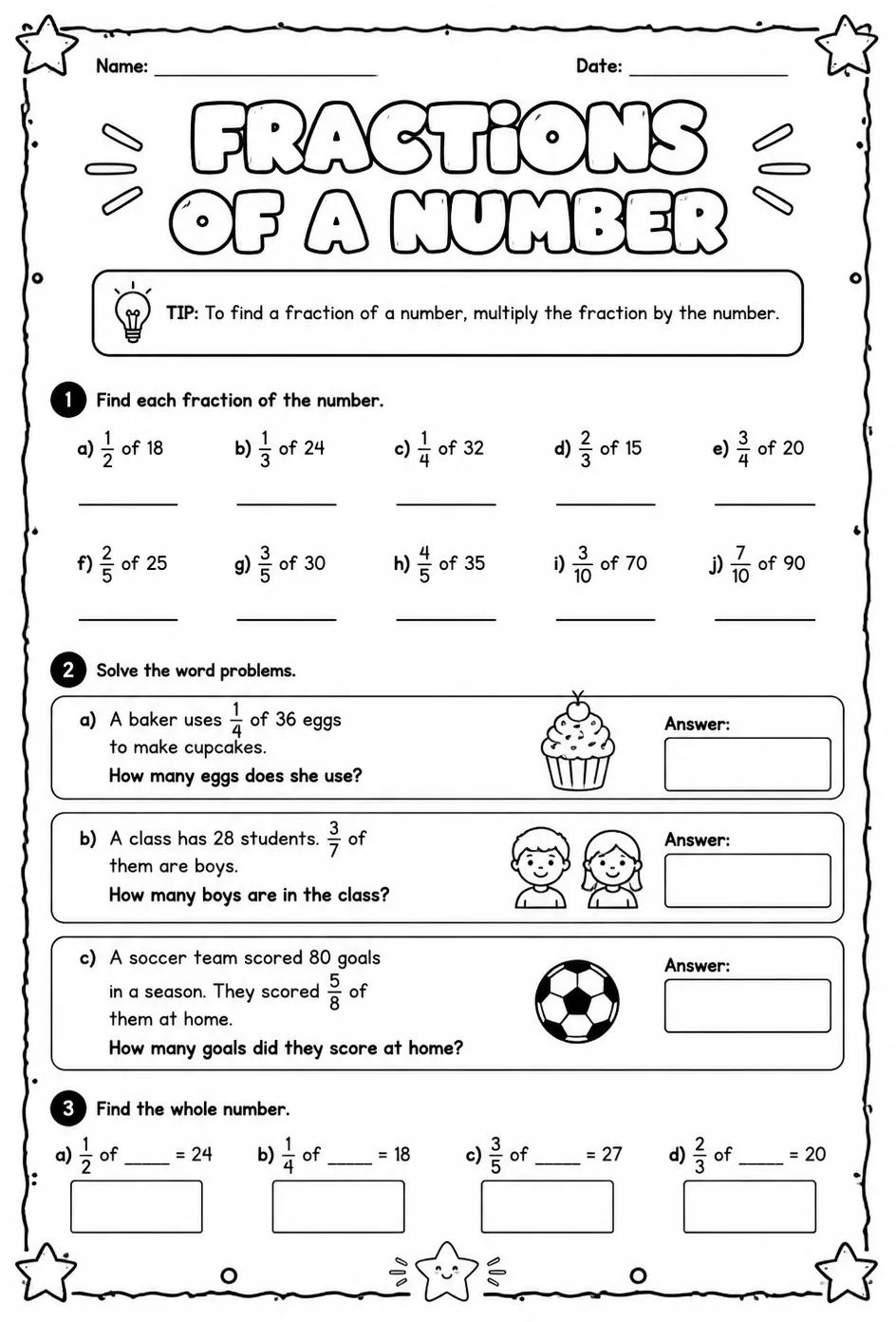 Fractions of a number — free printable Grade 4 math worksheet