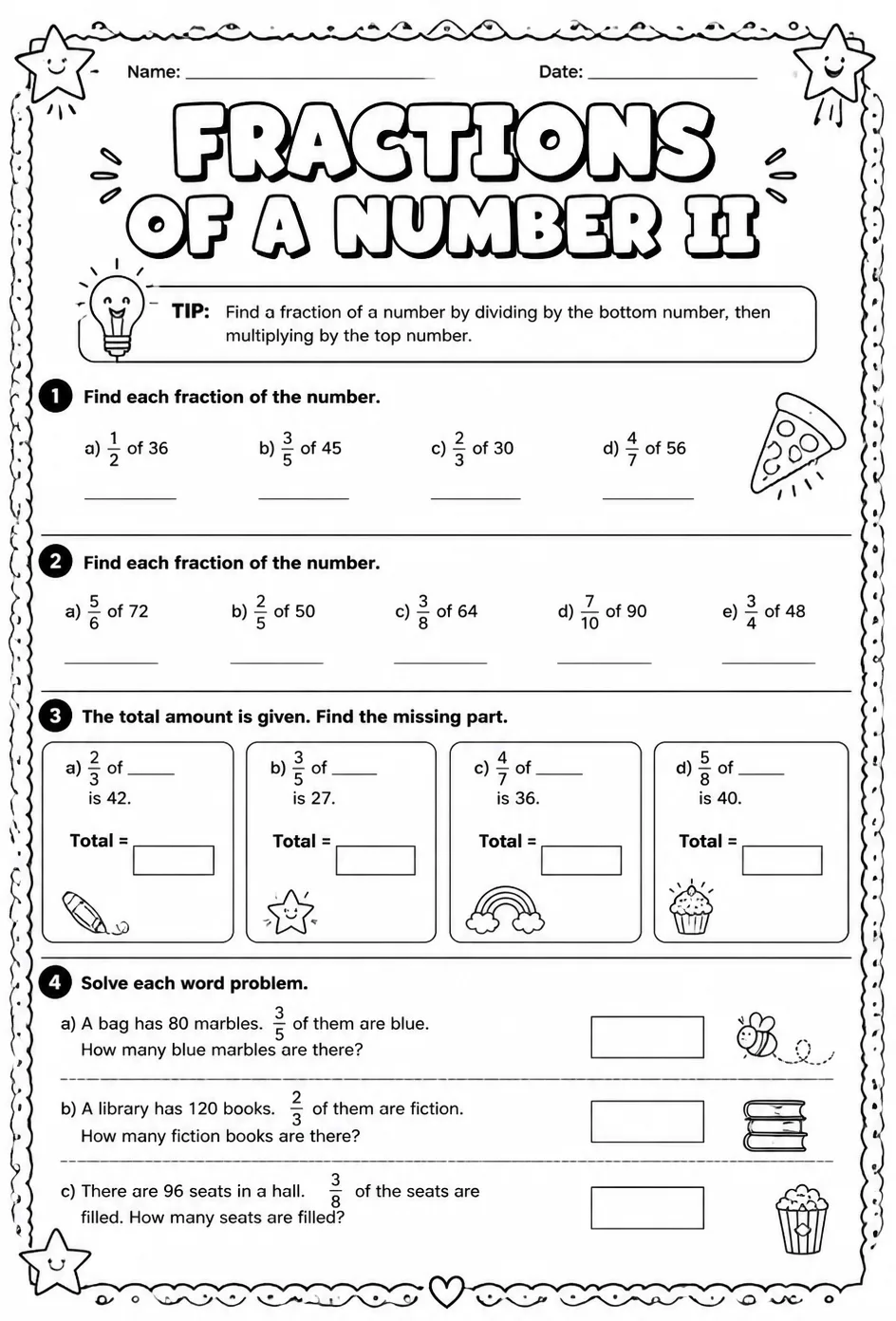 Fractions of a number II — free printable Grade 5 math worksheet