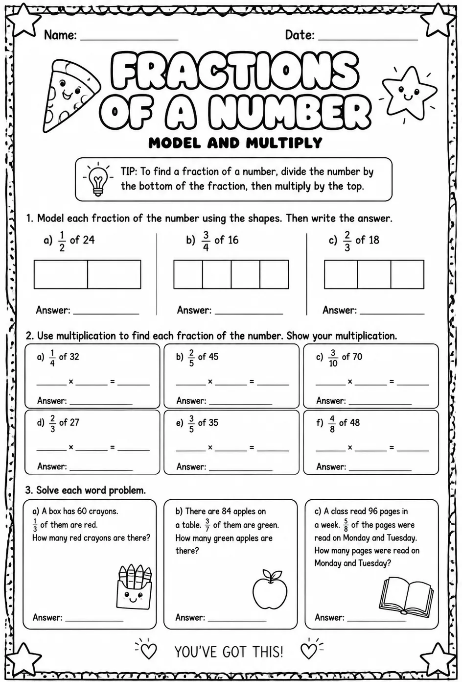 Fractions of a number: model and multiply — free printable Grade 4 math worksheet