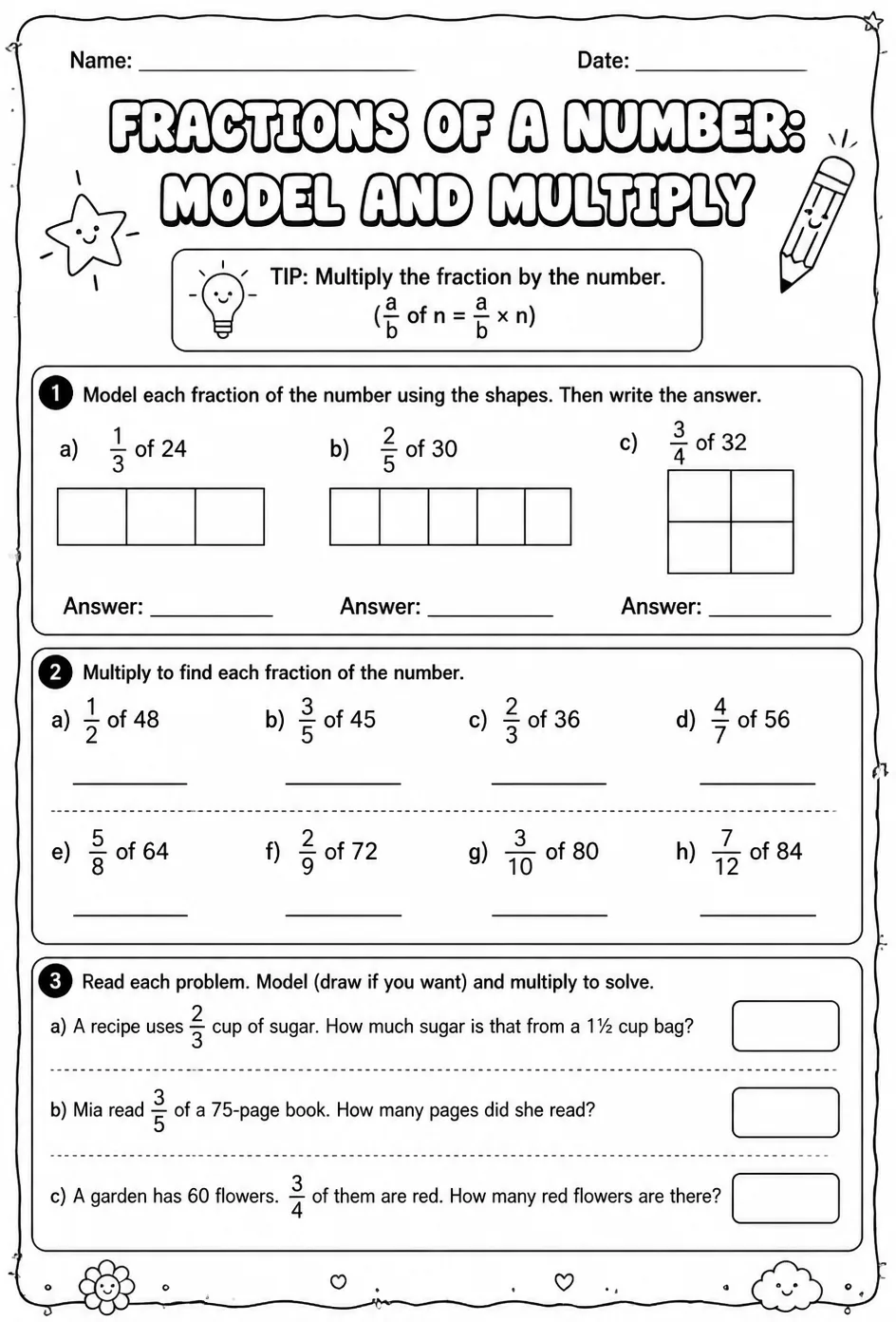 Fractions of a number: model and multiply — free printable Grade 5 math worksheet