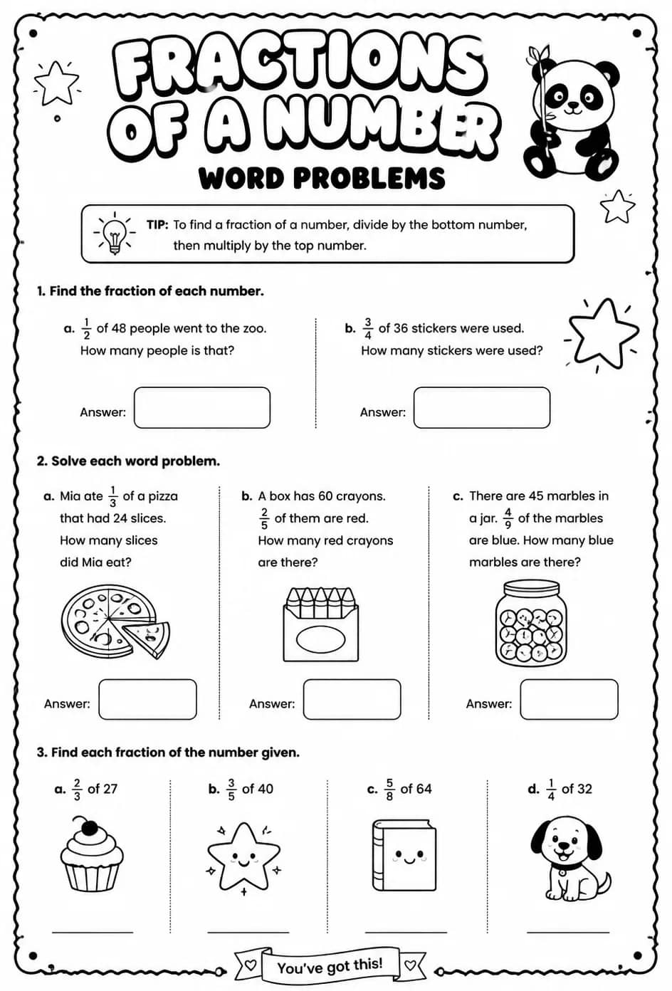 Fractions of a number: word problems — free printable Grade 4 math worksheet