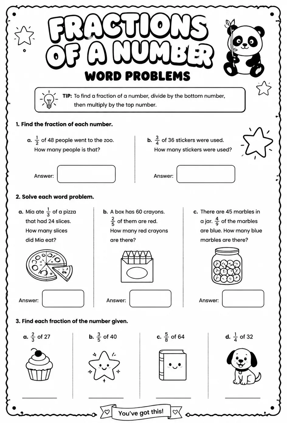 Fractions of a number: word problems — free printable Grade 4 math worksheet