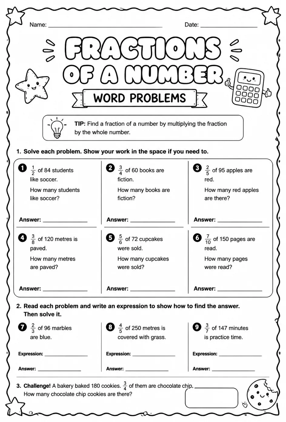 Fractions of a number: word problems — free printable Grade 5 math worksheet