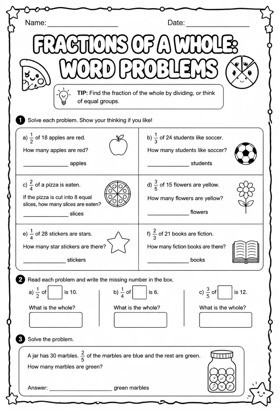 Fractions of a whole: word problems — free printable Grade 3 math worksheet