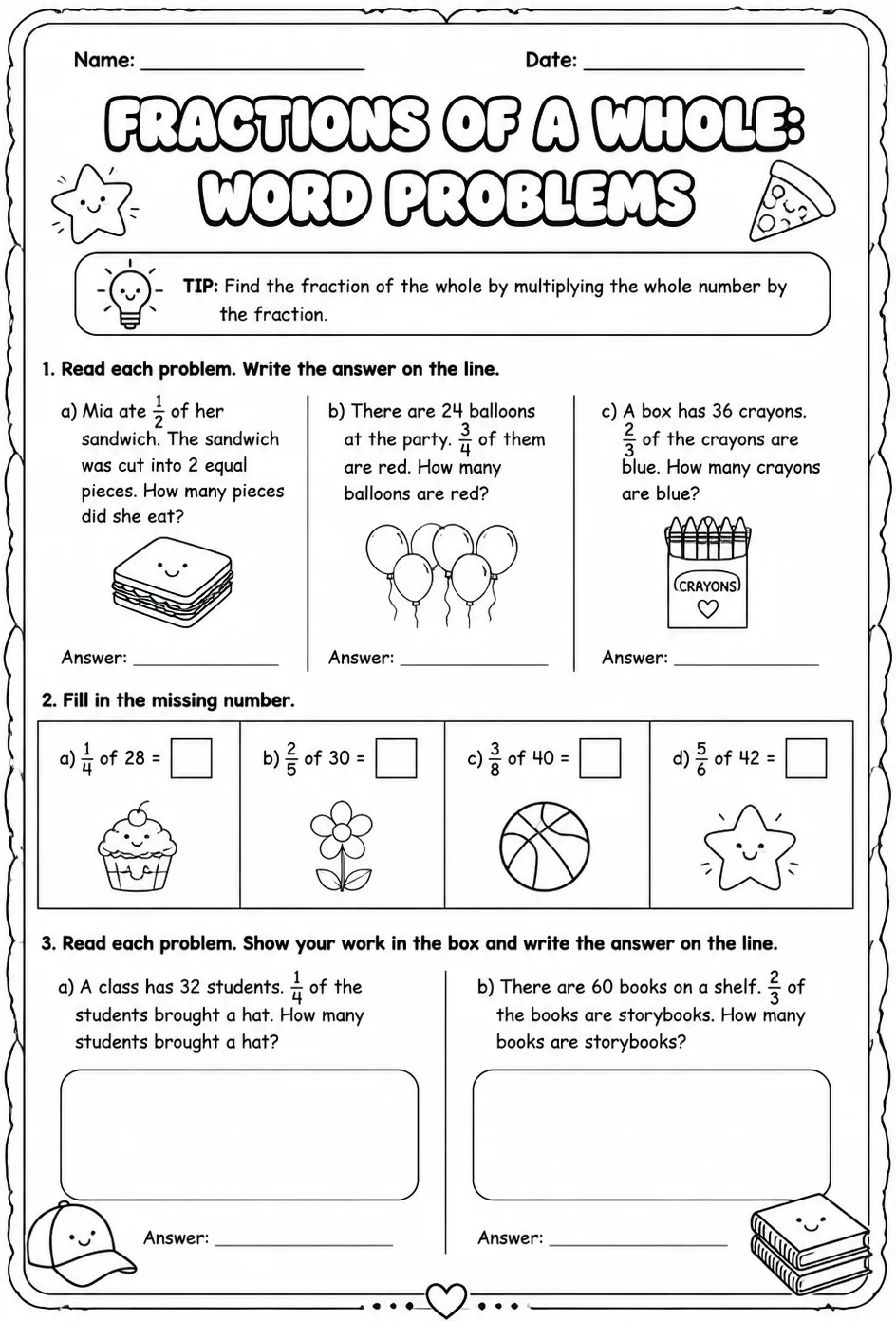 Fractions of a whole: word problems — free printable Grade 4 math worksheet