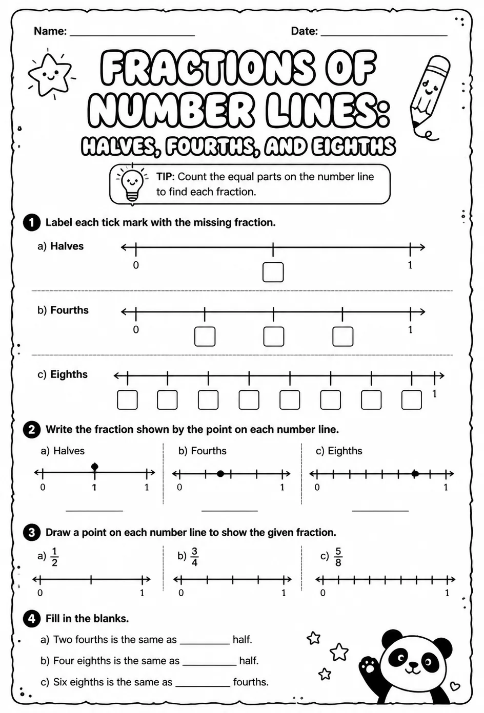 Fractions of number lines: halves, fourths, and eighths — free printable Grade 3 math worksheet
