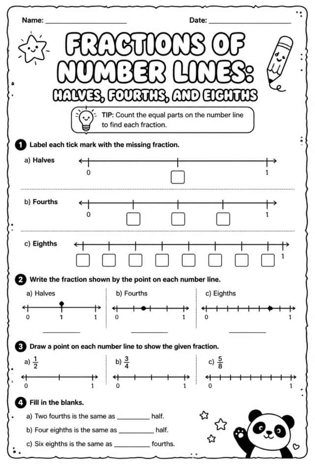 Fractions of number lines: halves, fourths, and eighths