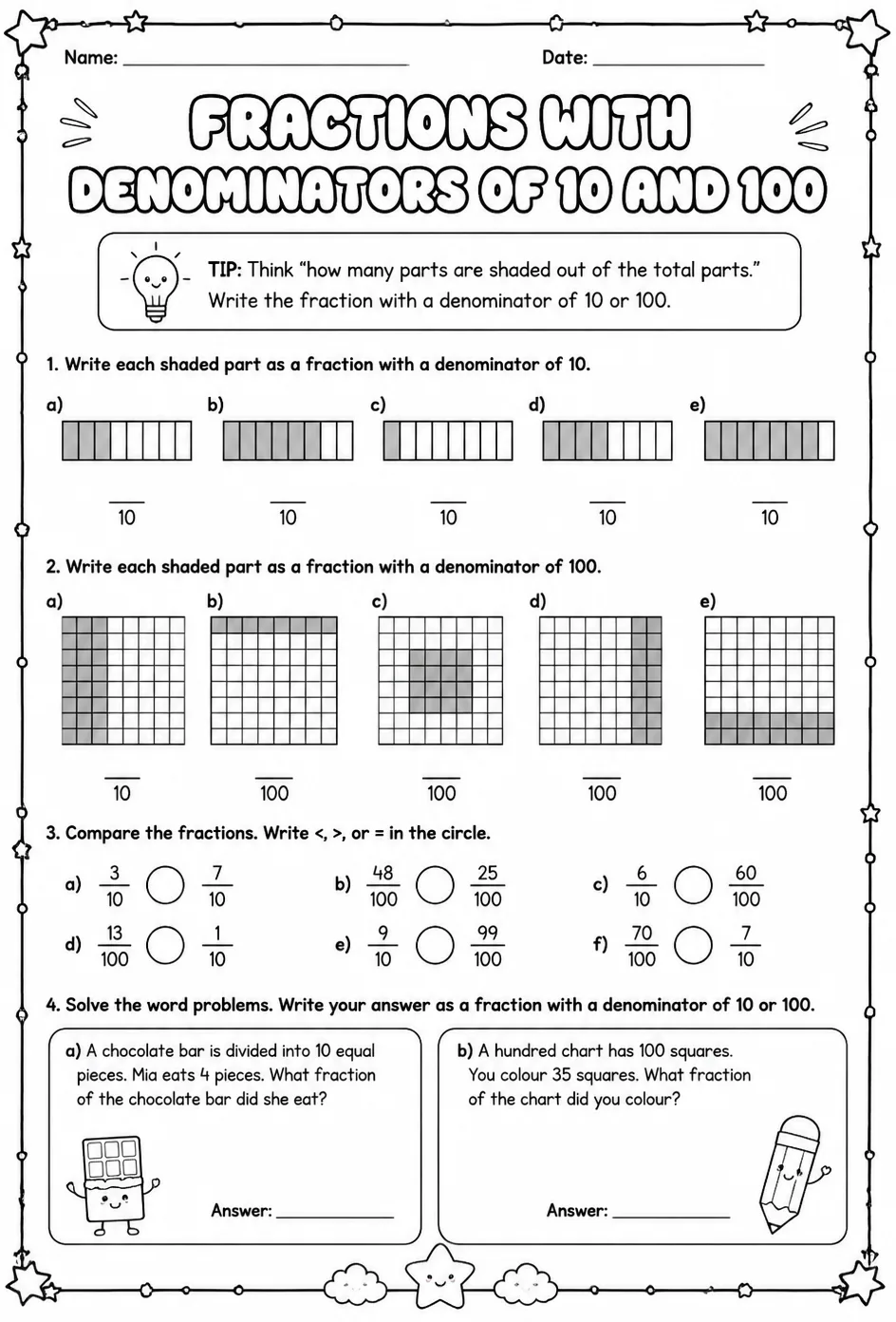 Fractions with denominators of 10 and 100 — free printable Grade 4 math worksheet
