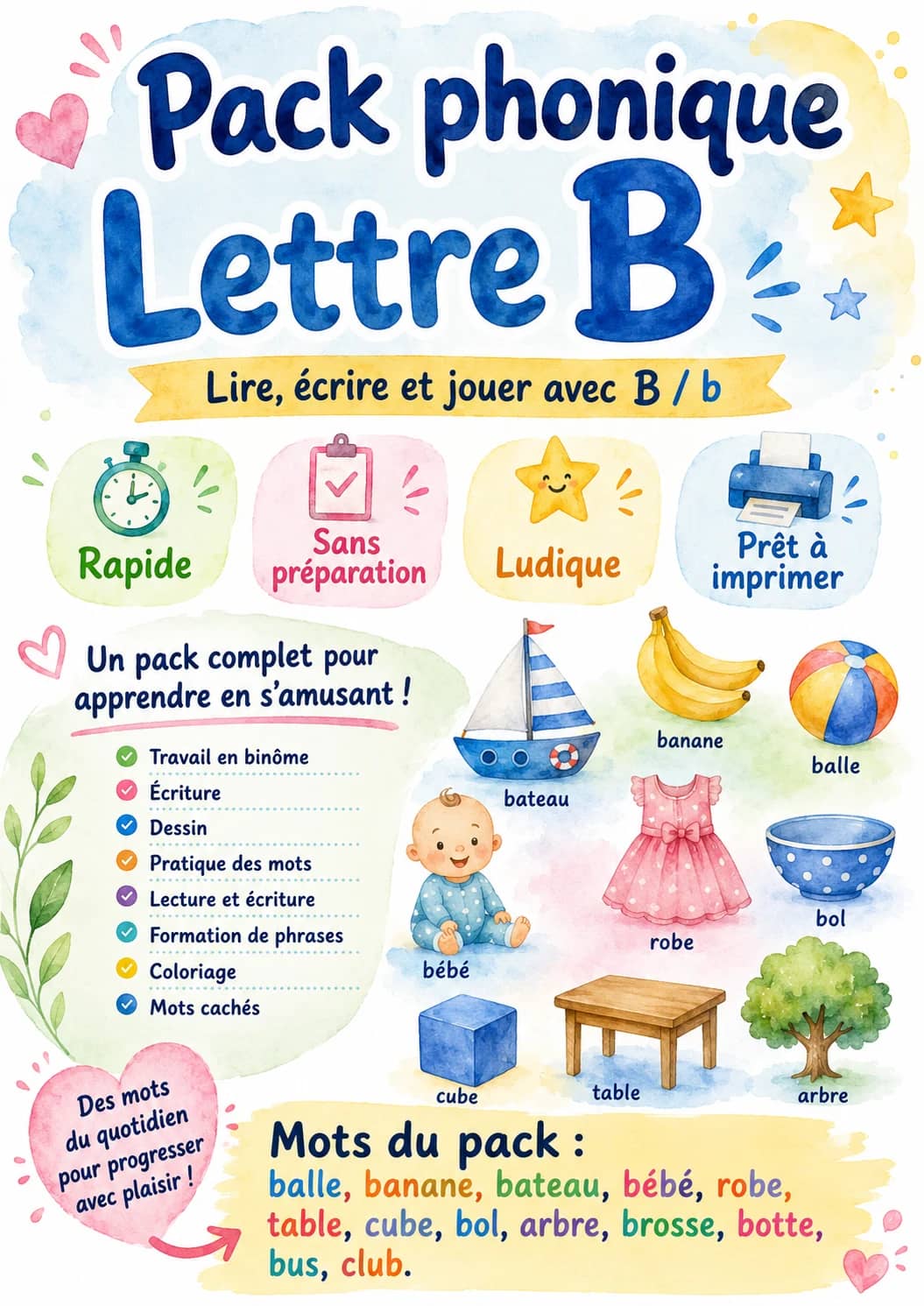 French Letter B Phonics Worksheets Pack printable worksheet pack preview from KiwiBee
