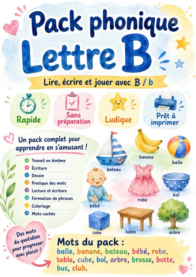 French Letter B Phonics Worksheets Pack