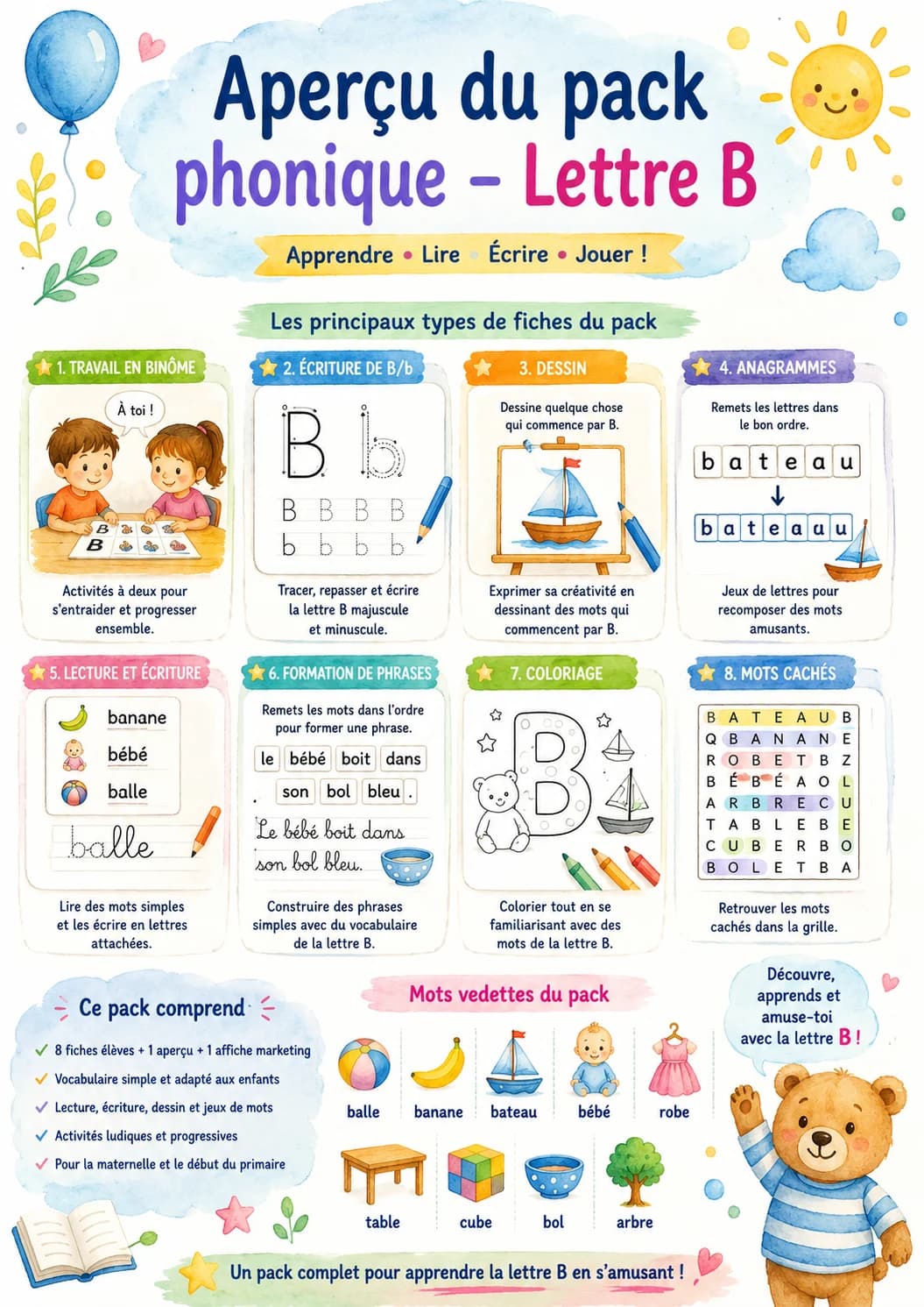 French Letter B Phonics Worksheets Pack page 8 printable worksheet preview